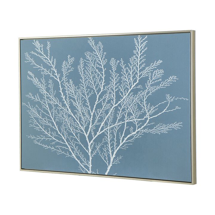 28 x 39  Hanging Wall Art Decor, Rectangular White Tree Design, Blue Canvas - Benzara