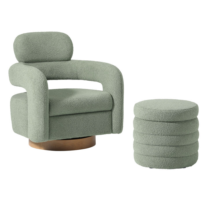 WestinTrends Mid-Century Modern Sherpa Swivel Barrel Accent Chair With Storage Ottoman