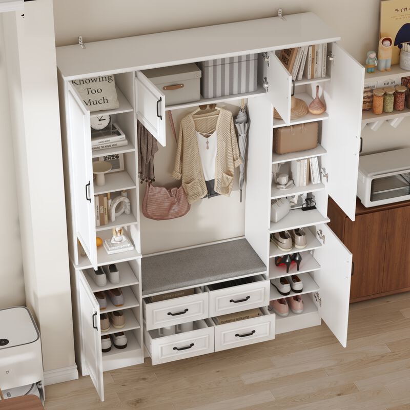 Hall Tree with Bench, 6 Cabinets and 4 Drawers, Entryway Bench with 4 Coat Racks, Entryway Cabinet with 6 Doors and Adjustable Shelves, for Entryway Hallway, 15.7”D x 63”W x 78.7”H, White
