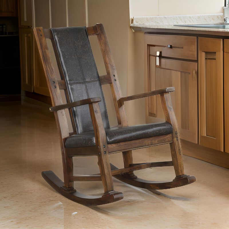 Jenne Rocking Chair, Faux Leather Seat and Back, Antique Dark Brown - Benzara