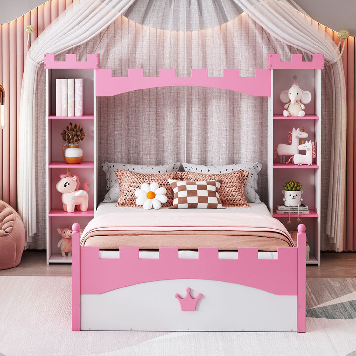 Merax Castle Wooden Bed with Storage Shelf