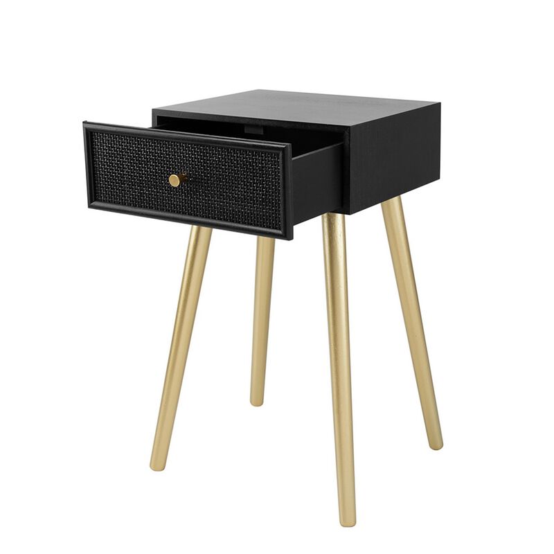 Gaia 28 Inch Pine Wood Side End Table, Gliding Rattan Drawer, Black, Gold-Benzara