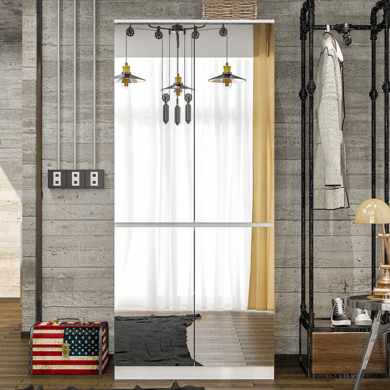 White High Gloss Mirrored Doors 31.5 in. W Wardrobe Armoires W/Mirror Doors, Hanging Rod 70.9 in. H x 15.7 in. D