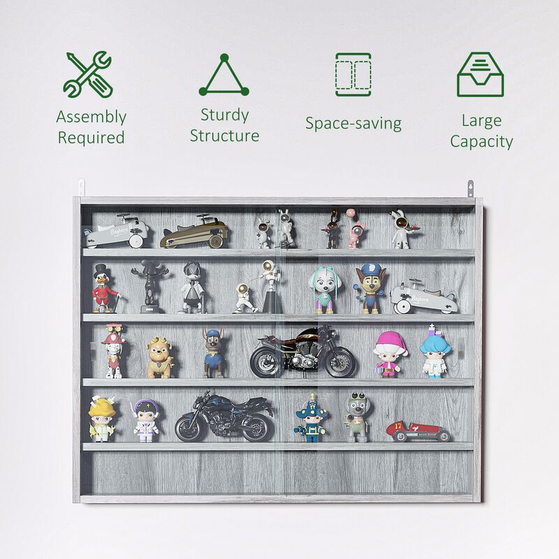 Gray Display Case: 5-Tier Wall-Mounted Glass Cabinet with Doors