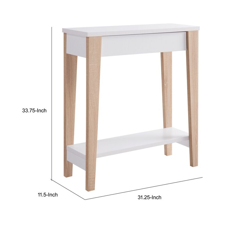 34 Inch Console Table with Drawer and Shelf, Tapered Legs, White, Brown-Benzara