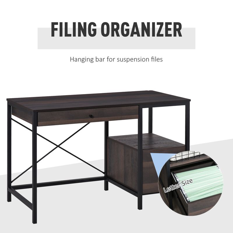 Walnut Brown Office Desk: PC Study Table with File Drawer