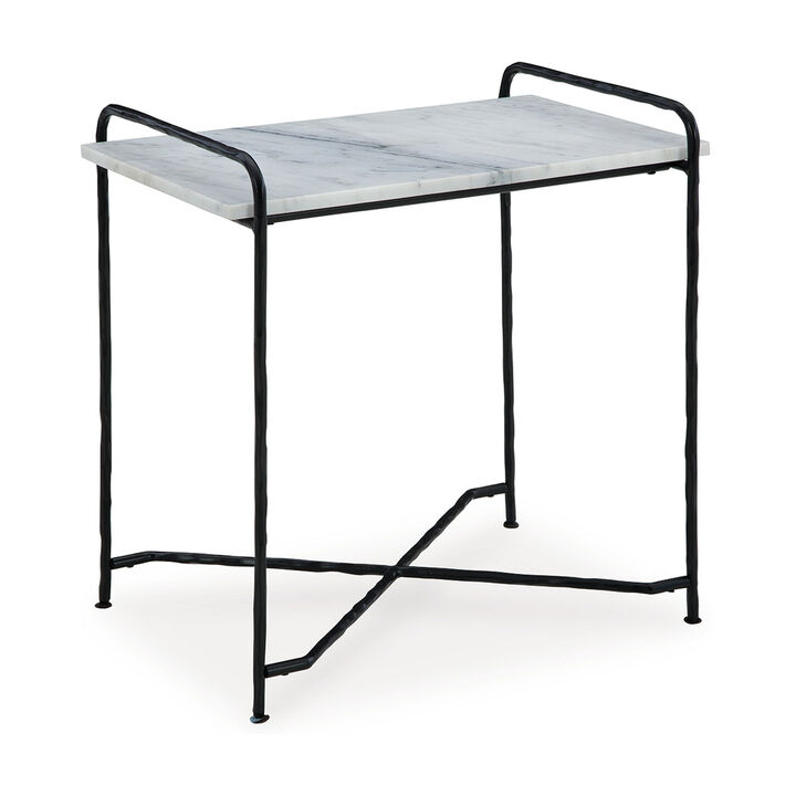 Accent Table, 22 Inch White Marble Top, Industrial Black Metal Legs - Benzara