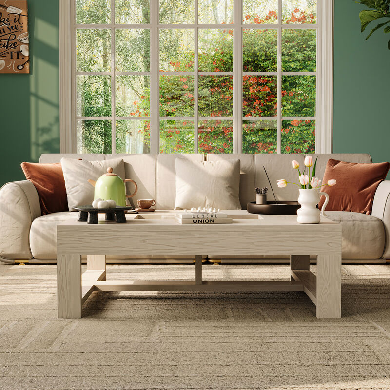 FUFU&GAGA Modern White Wood Coffee Table – Solid Wood, Spacious Tabletop with Built-in Storage, Sturdy Frame (47.2" W x 35.4" D x 15.8" H), White