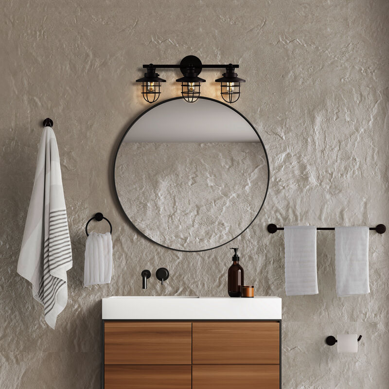 Ellis 24" 3-Light Industrial Farmhouse Vanity Light with Bathroom Hardware Accessory 5-Piece Set