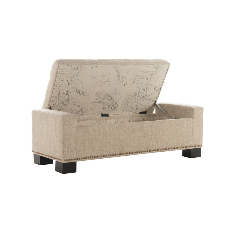 Abigail Storage Ottoman Bench, Nailhead Trim, Wheat Fabric, 51 Inch - Benzara