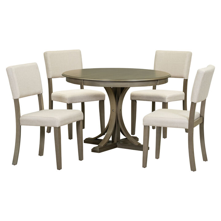 5-Piece Retro Round Dining Table Set With Curved Trestle Style Table Legs And 4
