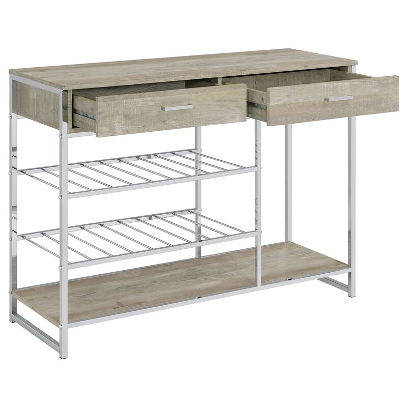 Mel 48 Inch Wine Rack Bar Sideboard, 2 Drawers, Shelves, Gray, Chrome Metal - Benzara