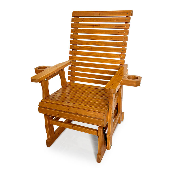 Patio Glider for One Person, with High Back and Deep Contoured Seat, Solid Fir Wood, Heavy Duty 600 LBS (Brown - Bridge Back)