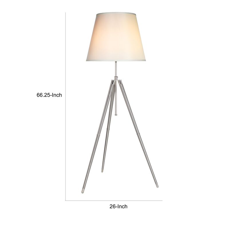 66 Inch Floor Lamp with White Drum Shade, Modern Chrome Metal Tripod Base - Benzara