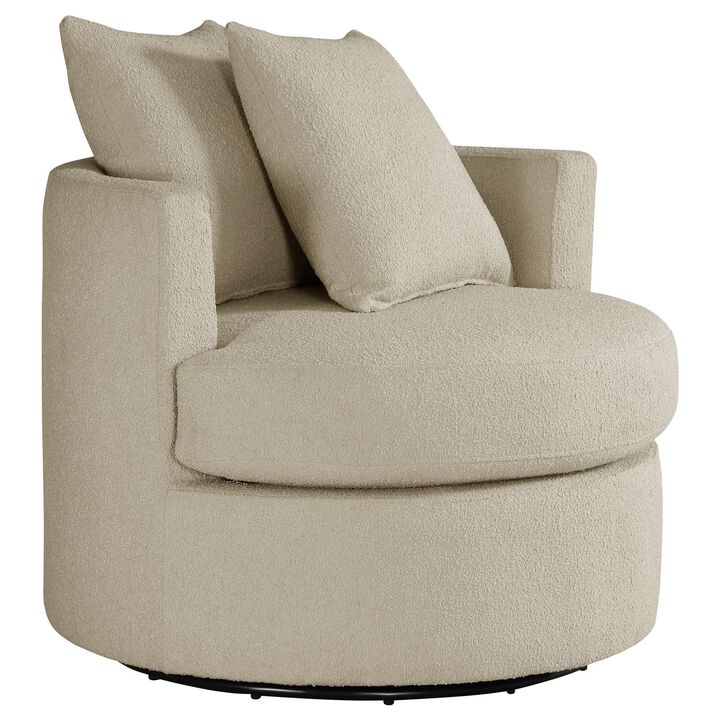 Catlyn Swivel Accent Chair, Camel Brown Fabric, 2 Accent Pillows - Benzara