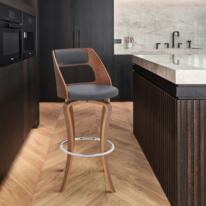 Grady Swivel Gray Faux Leather and Walnut Wood Bar Stool