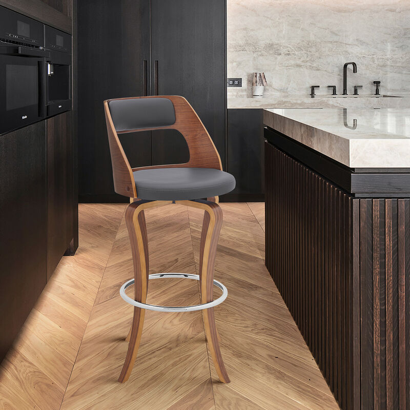 Grady Swivel Gray Faux Leather and Walnut Wood Bar Stool