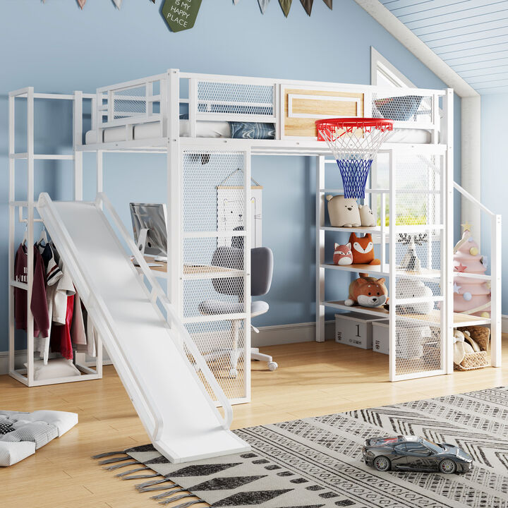 Merax  Metal Loft Bed with Desk and Open Wardrobe