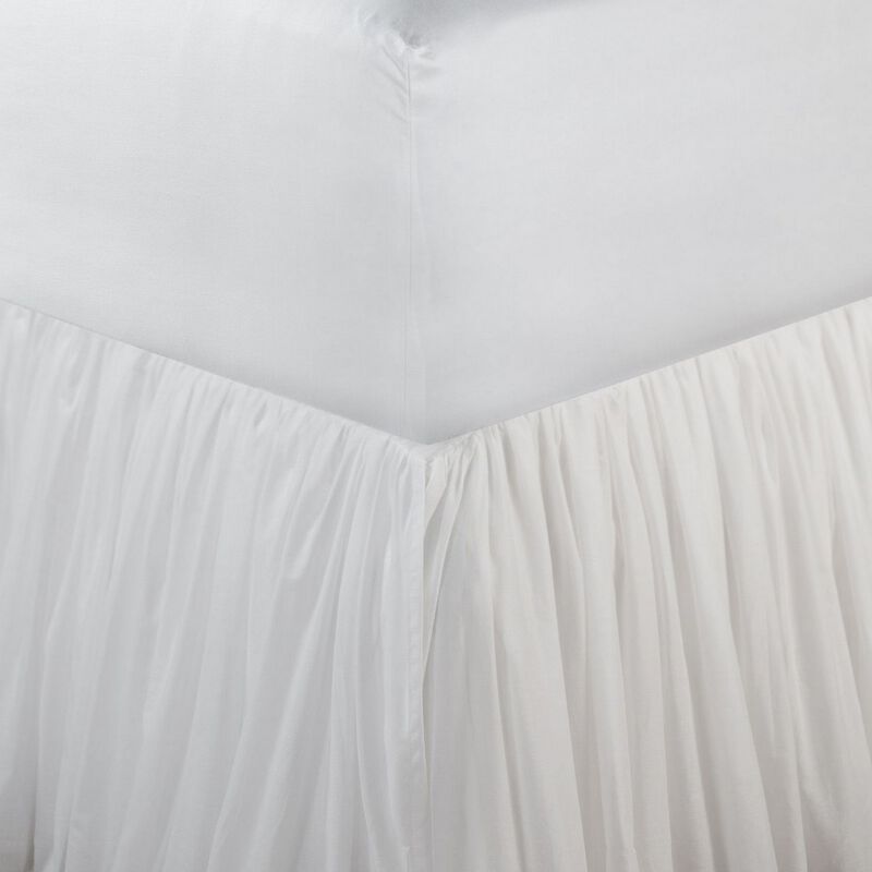 Twin Bed Skirt, Polyester Platform, Cotton Voile Drop, Ruffled Edge, White  - Benzara