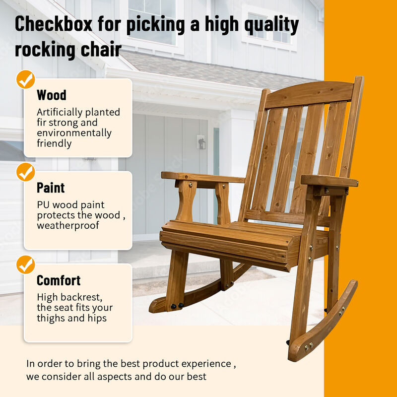 Wooden Rocking Chair with Comfortable Backrest Inclination, High Backrest and Deep Contoured Seat, Solid Fir Wood, Heavy Duty 600 LBS, for Both Outdoor and Indoor, Backyard, Porch and Patio