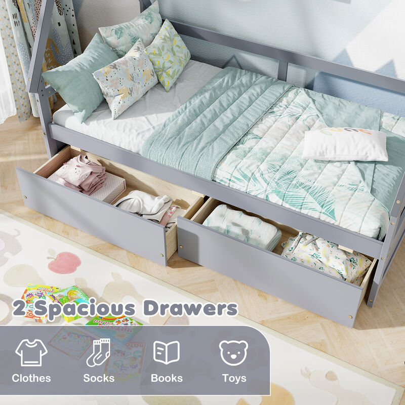 House Bed with Roof and Safety Guardrail