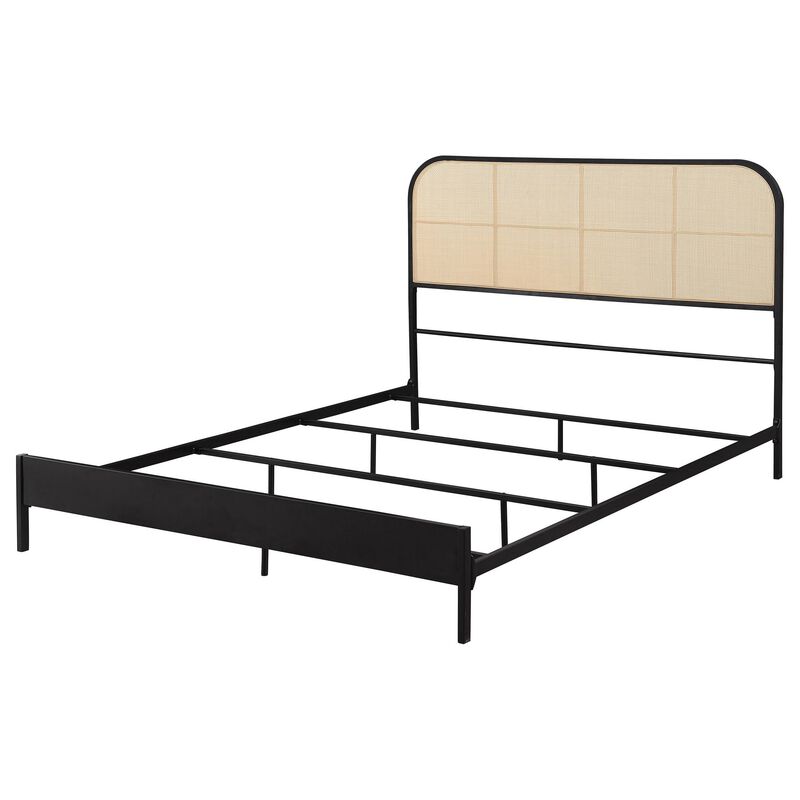 Ammy Full Bed, Radio Weave Headboard, Brown Faux Rattan, Black Metal  - Benzara