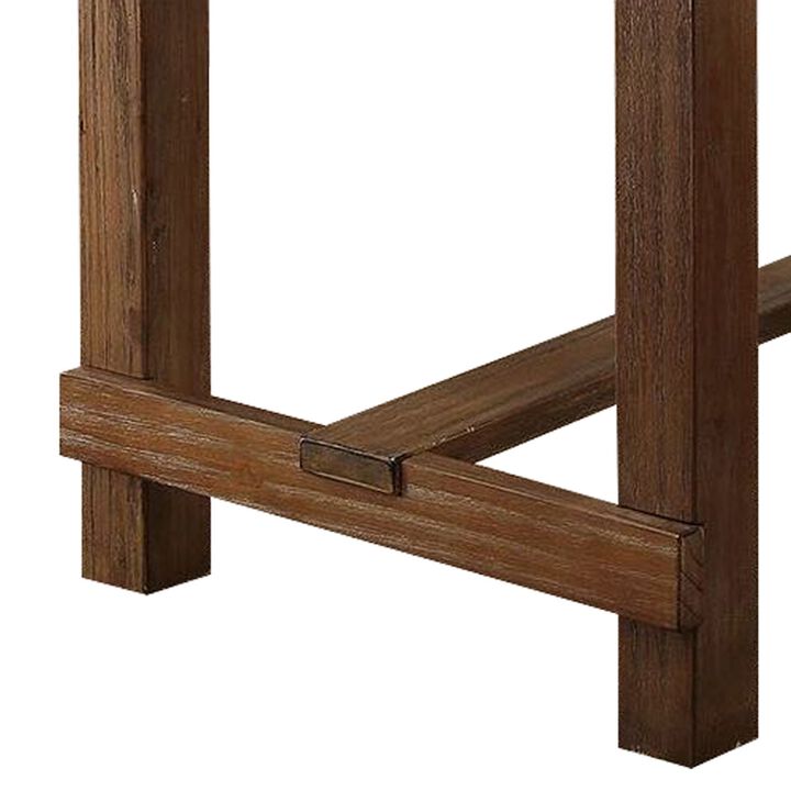 Rustic Plank Wooden Counter Height Table with Block Legs, Oak Brown-Benzara