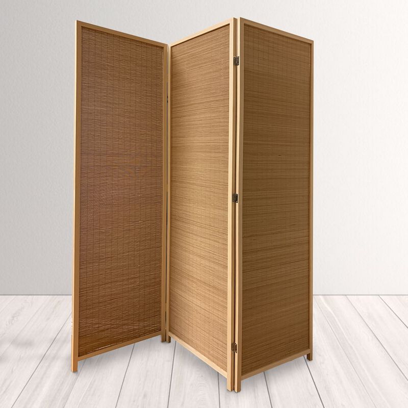 3 Panel Bamboo Shade Roll Room Divider, Natural Brown-Benzara