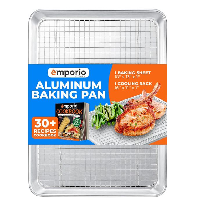 Baking Pan Set - 13" x 18" Aluminum Baking Pan with Stainless Steel Cooling Rack Set, PFOA, PFOS, PTFE Free, Recipe Booklet Included, Oven Safe Tray, Resist Heat Up To 500° F, Set of 2