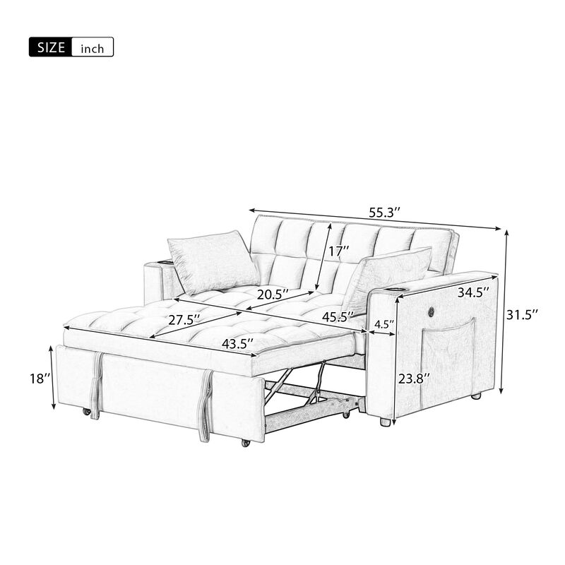 55.3" 41 Multifunctional Sofa Bed With Cup Holder And USB Port For Living Room