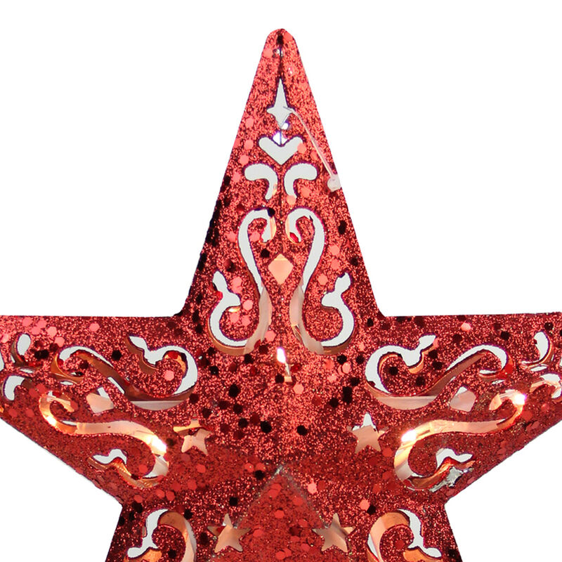 8.5" Red Glitter 5 Point Star Cut-Out Christmas Tree Topper - Clear Lights