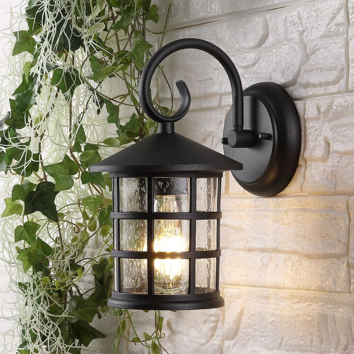 Cadiz 1-Light Iron/Seeded Glass Cottage Rustic Scrolled Lantern LED Outdoor Sconce