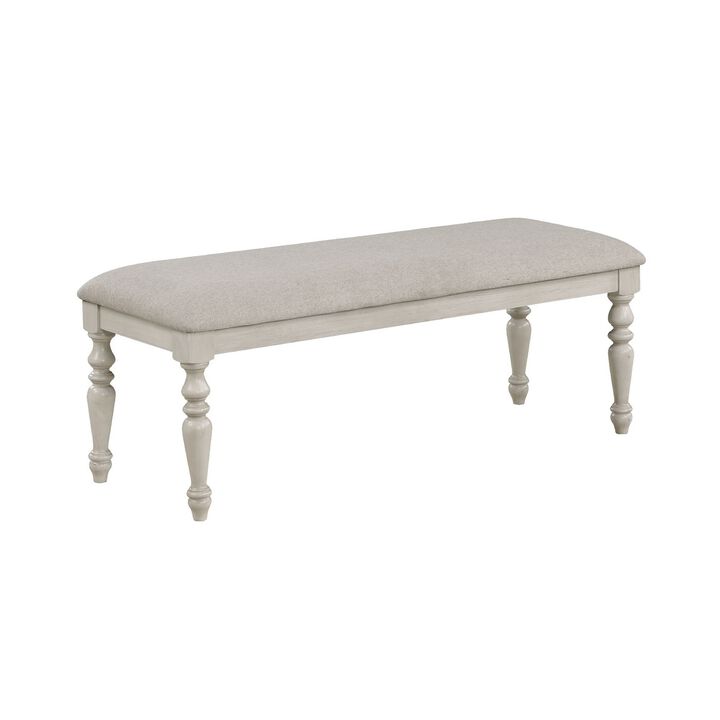 Katherine 48 Inch Bench with Fabric Seat and Turned Legs, White-Benzara