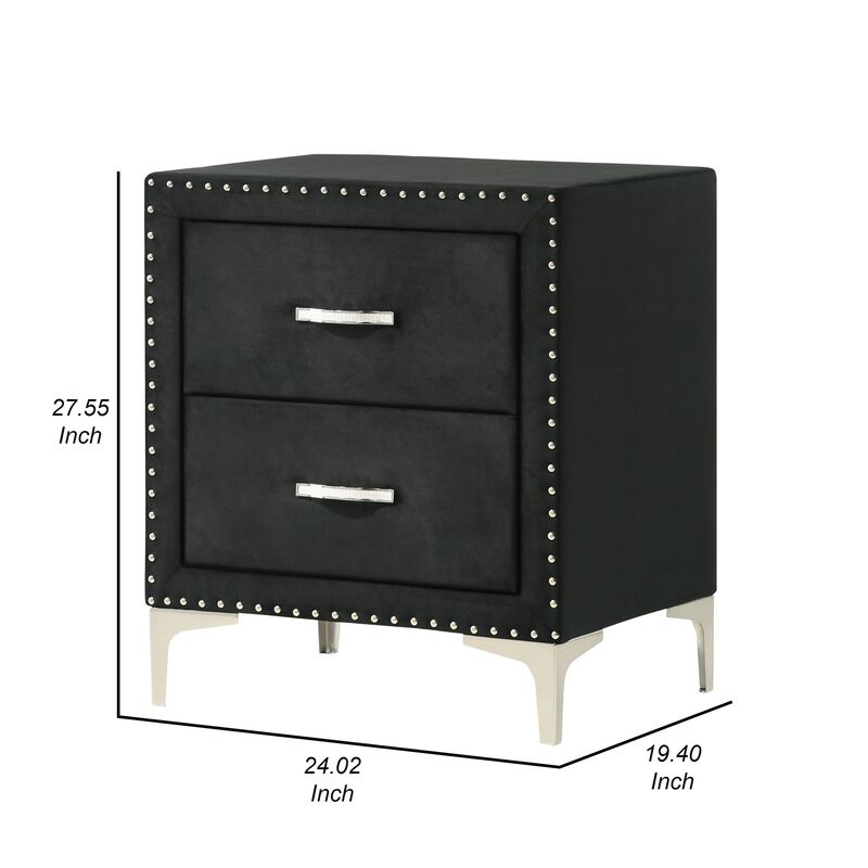 Moha 28 Inch Nightstand, Wood, 2 Drawers, Metal Handles, Black Velvet - Benzara