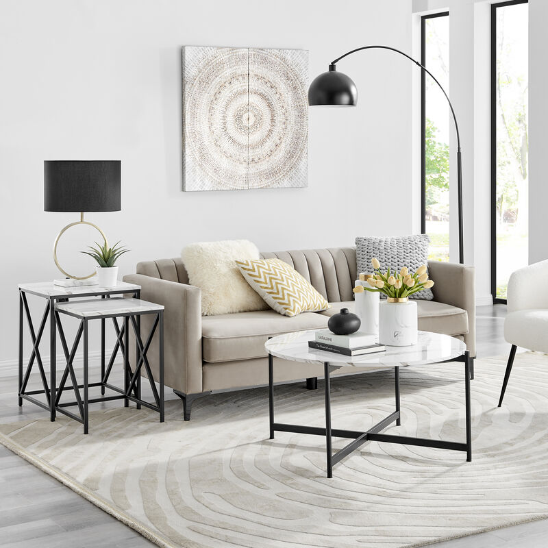 Modern Square Marble Finish Veneer Top Black Metal Frame Nesting End Tables - Set of 2