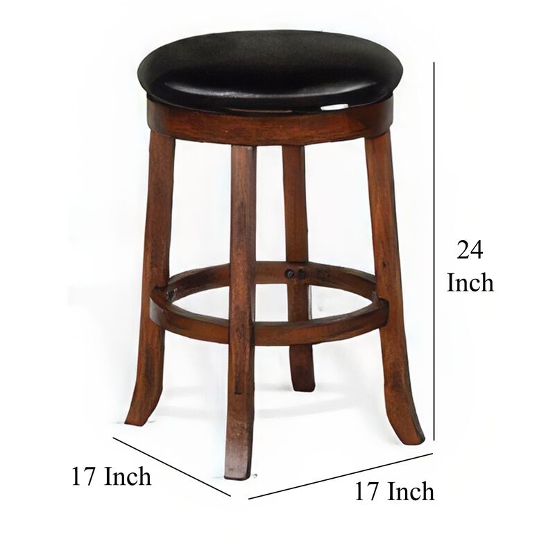 Reggie Swivel Counter Stool Set of 2, Black Faux Leather, Brown Wood - Benzara
