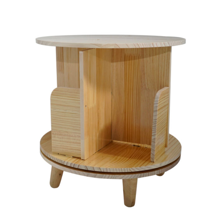 Pine Wood 1-Layer Rotating Bookcase, 360° Bookshelf Display Stand for Home and Office Use
