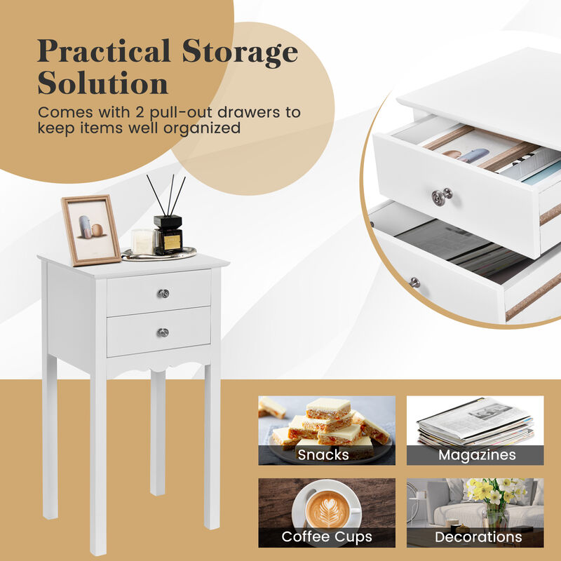Side Table End Accent Table with 2 Drawers-White
