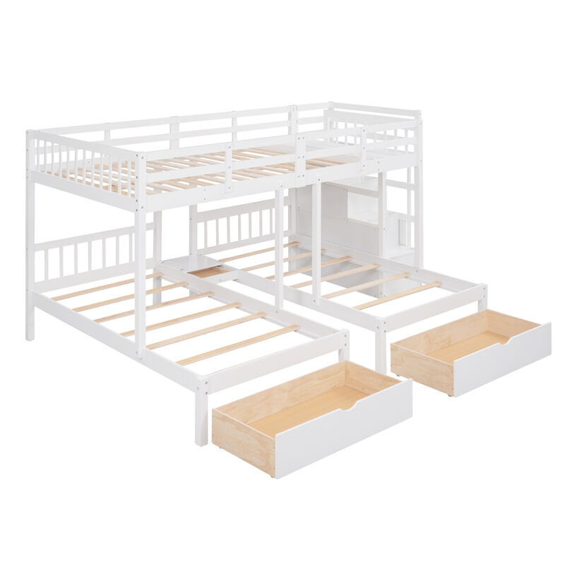 Full Over Twin & Twin Bunk Bed, Wood Triple Bunk Bed With Drawers And Guardrails