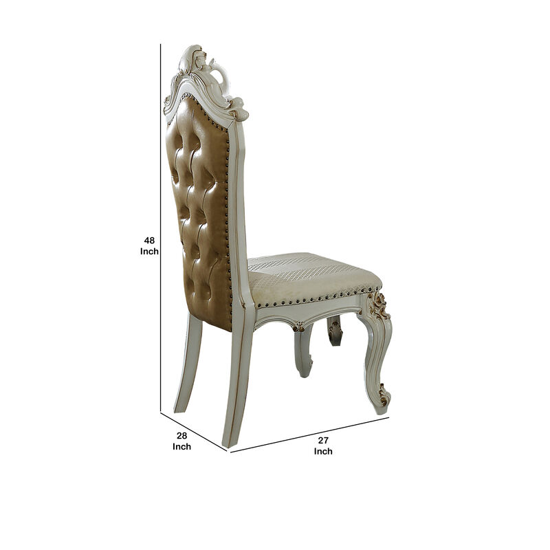 Leatherette Button Tufted Wooden Side Chairs, Set of 2,White and Brown-Benzara