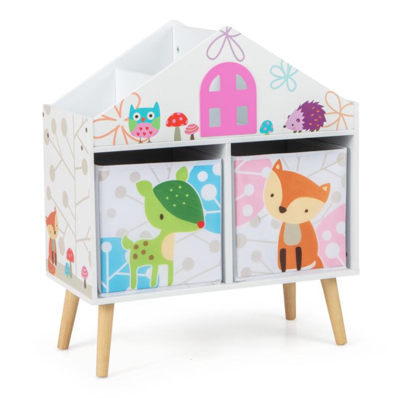 Hivvago Kids House-shaped Bookshelf with 2 Storage Bins for Kids Room Playroom-White