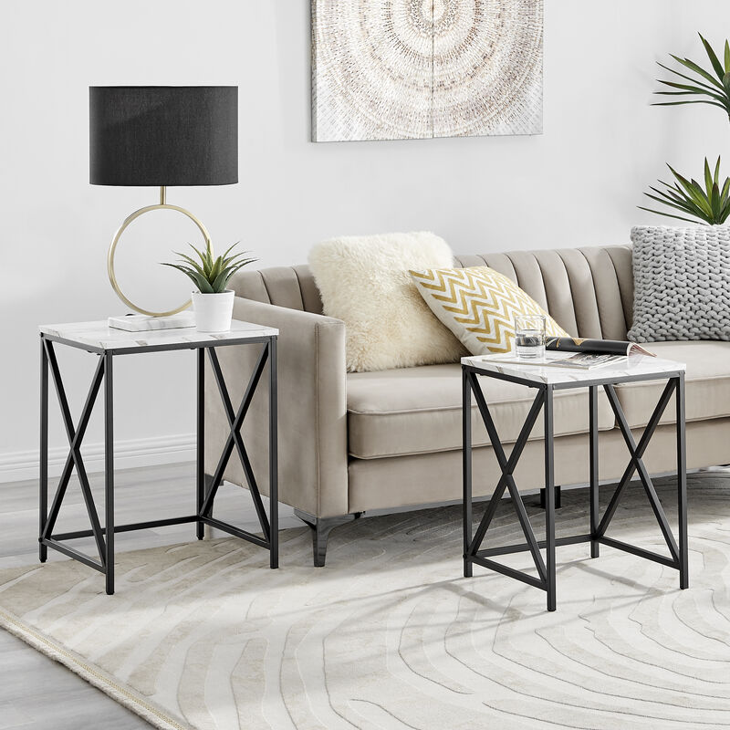 Modern Square Marble Finish Veneer Top Black Metal Frame Nesting End Tables - Set of 2