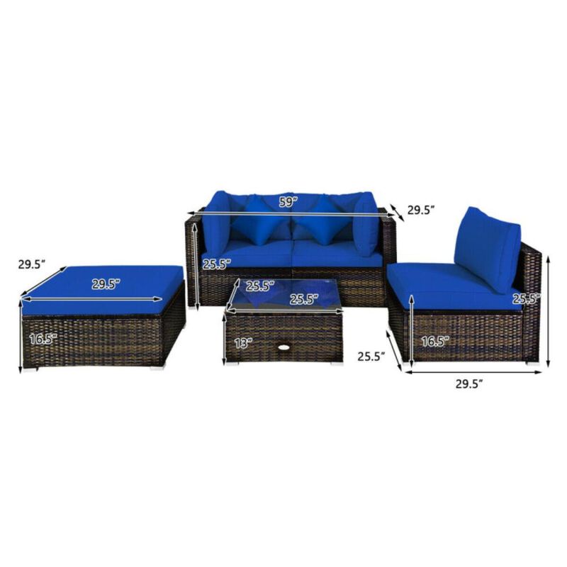 Hivvago 5 Pcs Outdoor Patio Rattan Furniture Set Sectional Conversation with Navy Cushions