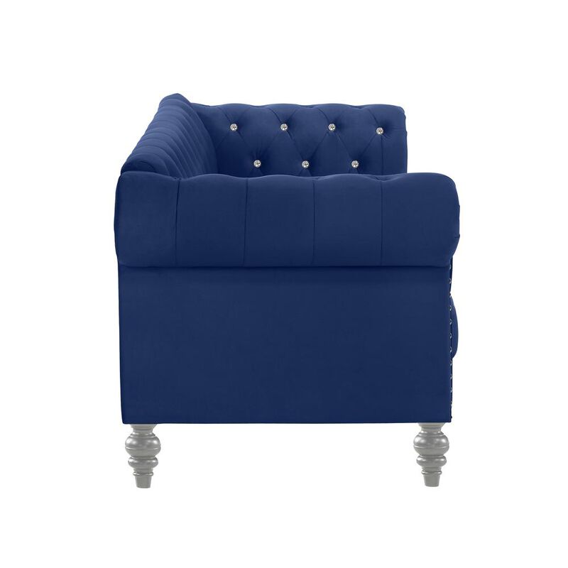 New Classic Furniture Furniture Emma Velvet Fabric Loveseat with Rolled Arms in Royal Blue