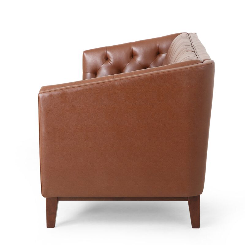 Vella Sofa, Pull Point Back Tufted Light Brown Faux Leather