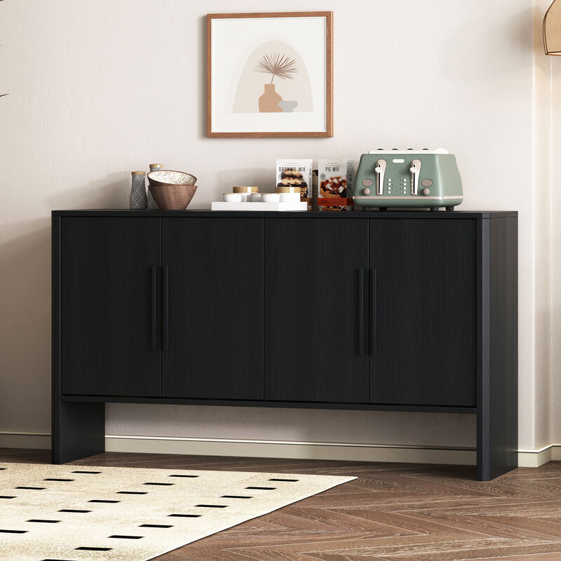 Clihome Sideboard Buffet Cabinet with Storage, Retro Sideboard Cabinet with Adjustable Shelves and Long Handles, 4-Door Wood Sideboard for Kitchen, Dining Room and Living Room (Black)