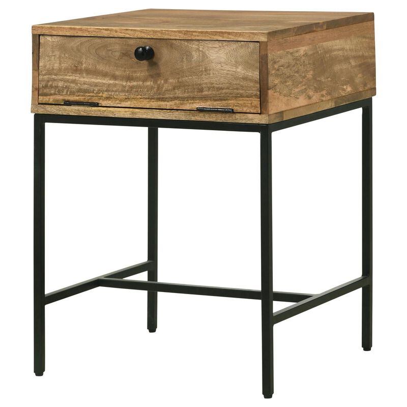 Benjara 24 Inch End Table with Slender Iron Base, Honey Mango Wood Frame, Brown and Black
