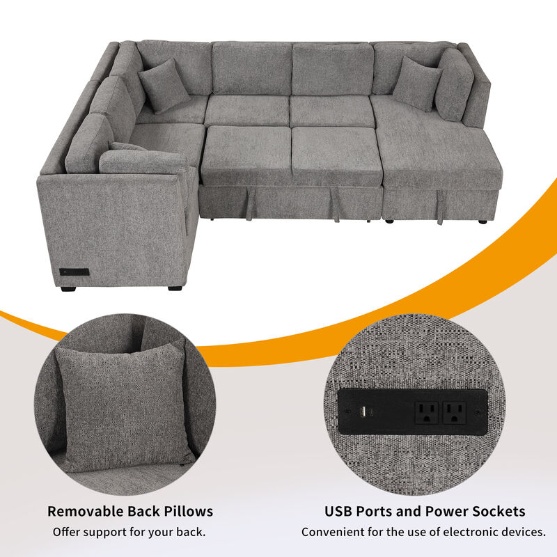 Merax U-shaped Sectional Sofa Pull Out Sofa Bed with 2 USB Ports