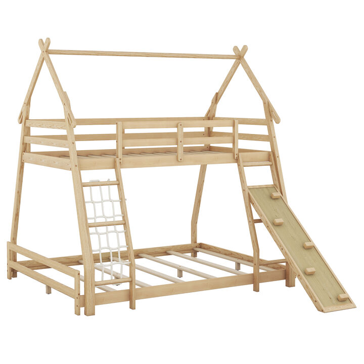 Twin Over Queen House Bunk Bed With Climbing Nets And Climbing Ramp, Natural