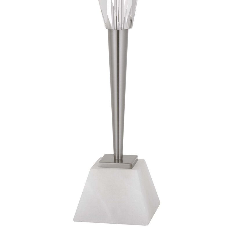 32 Inch Table Lamp with White Drum Shade, Marble Base, Brushed Steel - Benzara